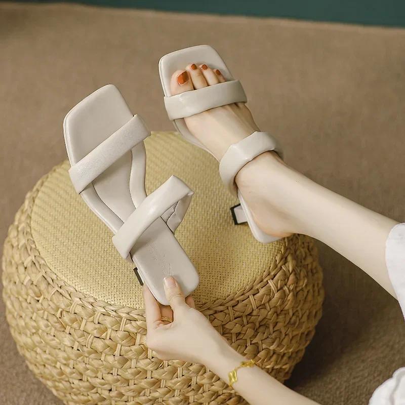 Fashion 2025 New Square Head High Heels Stiletto Internet Celebrity Fashion Sense Cool Slippers