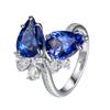Open Ring Tanzanite Blue Pear Drop with Double Diamonds Simulated Sapphire Womens Fashion Jewelry