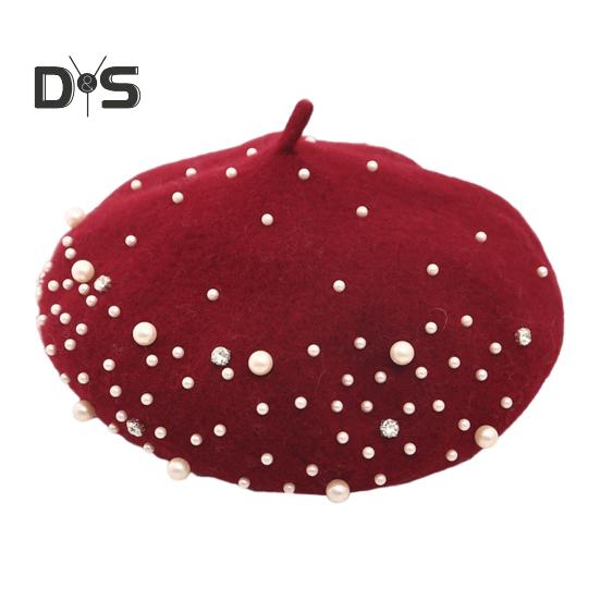 

Женский берет с искусственным жемчугом и стразами, винтажная шерстяная шляпа в английском стиле без полей, однотонная, с регулируемыми лямками, кепка-тыква