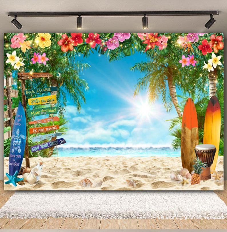 Hawaiian Summer Seaside Backdrop for Photography Tropical Beach Palm Tree Surfboard Baby Birthday Holiday Party Photo Background