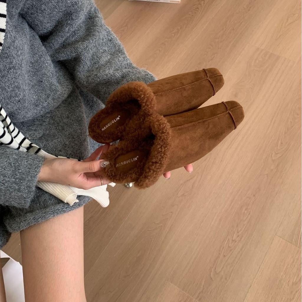 2025 Autumn and Winter New Square Head Thick-soled Outer Wear Half-drag Hairy Lazy Women Warm Trendy Shoes