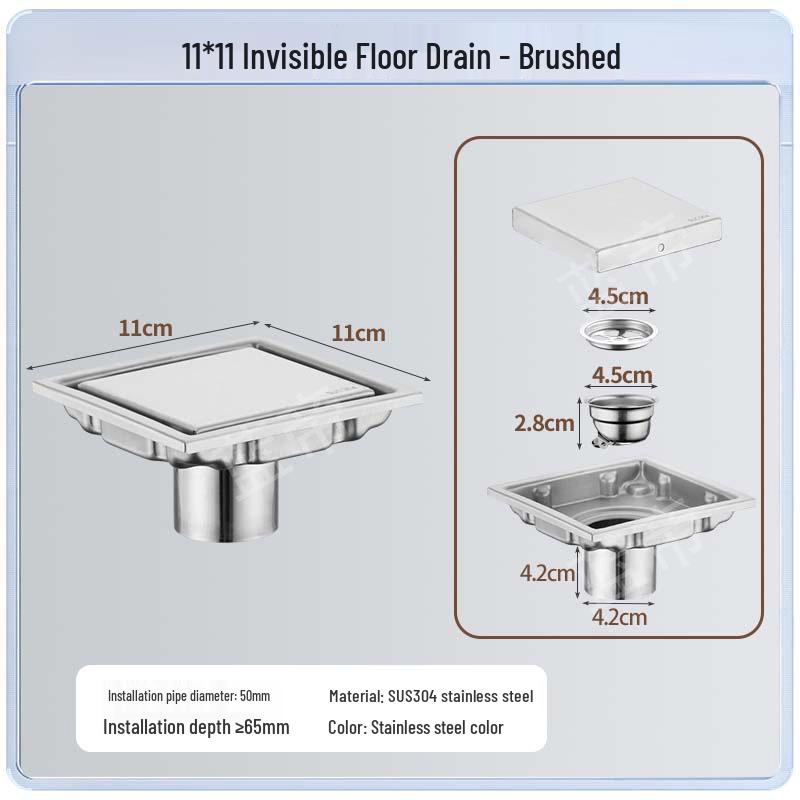 15x15 Odor-Proof Invisible Floor Drain, 304 Stainless Steel, Concealed for Bathroom or Shower Room