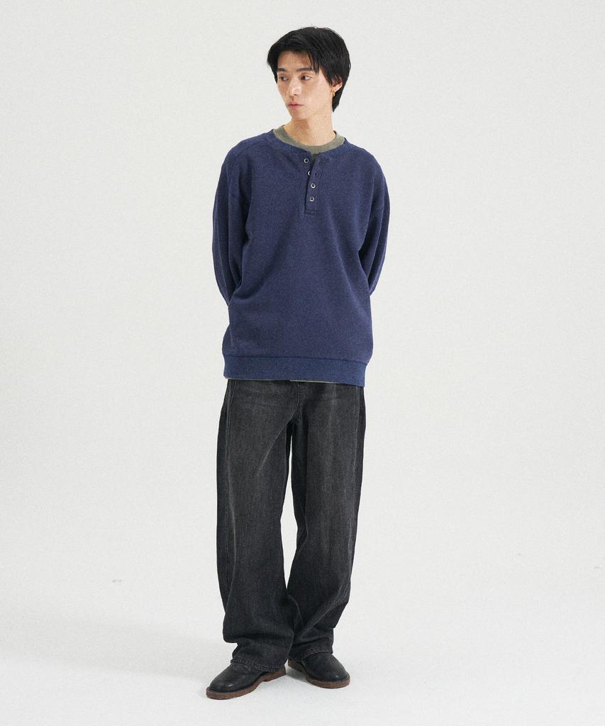 SLOWACID Washed Henley Neck Sweatshirt [Navy]