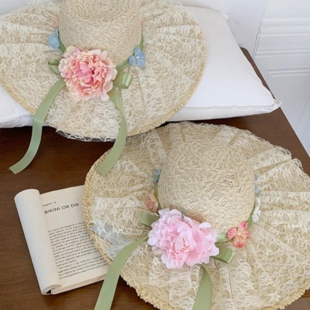 Breathable Vacation Beach Cap Flower Woven Sun Cap Solid Color Lafite Straw Hat  Carnival