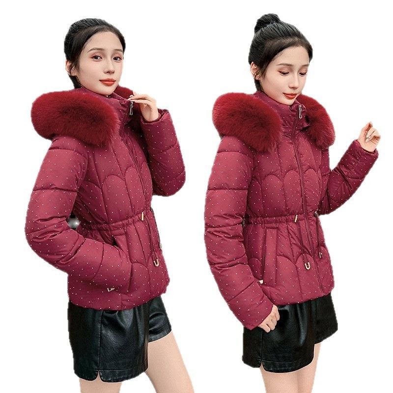 Sparkling down cotton-padded clothes women's winter big fur collar waist thin cotton-padded clothes jacket foreign style short small cotton-padd