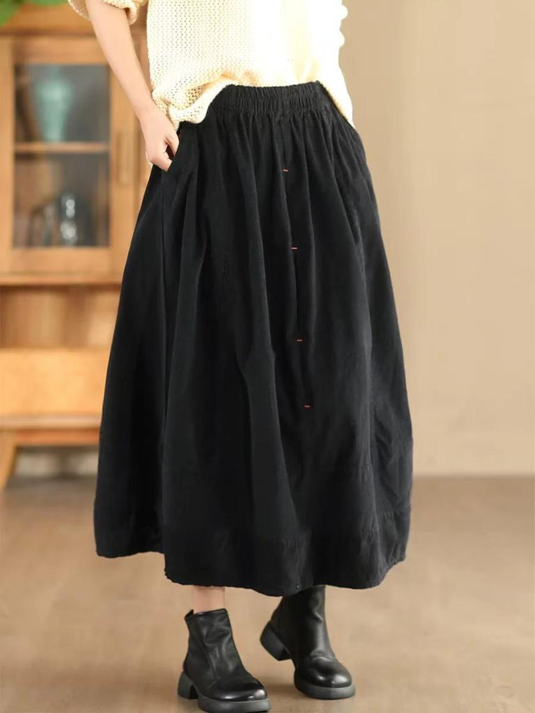 Johnature Woman Autumn Niche Elastic Waist Solid Color Casual A-Line Skirt Fashion Vintage Chinese Style Retro Skirt