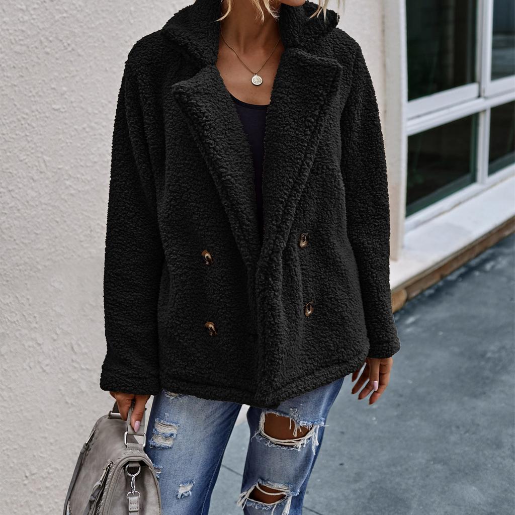 Jachetă de damă cu mâneci lungi de iarnă cu rever de pluș cu nasturi dublu