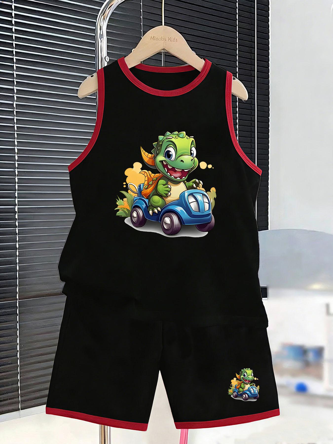 

Boys’ dinosaur driving set. Cute prints, breathable fabric, loose fit for playful summer styling. 2-3Y