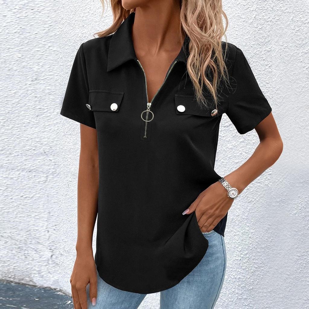Damenmode Lapel Halbreißverschluss Kurzarm Top Mit Tasche