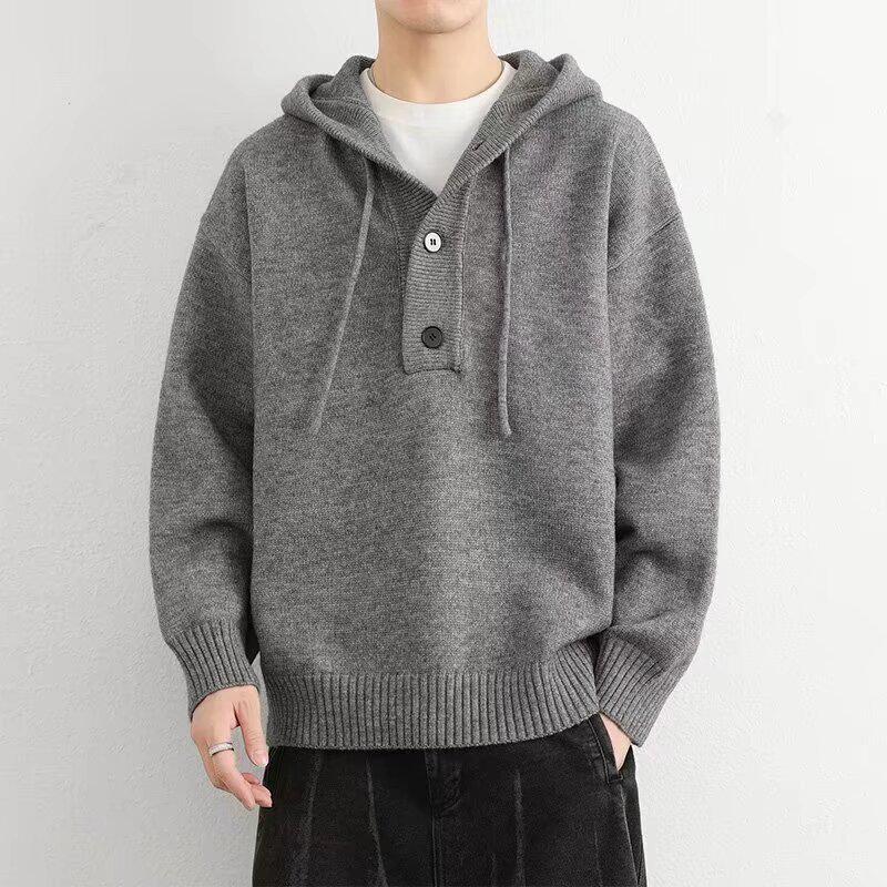 Men's Autumn/Winter Loose Hooded Pullover - Solid Color Knit Sweater