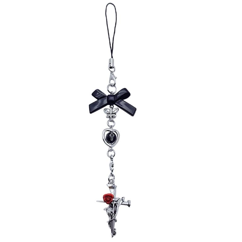 Halloween Gothic Punk Bat Phone Charm for Women Men Cross Pendant Mobile Phone Chain Y2K Bowknot Heart Lanyard Keychain