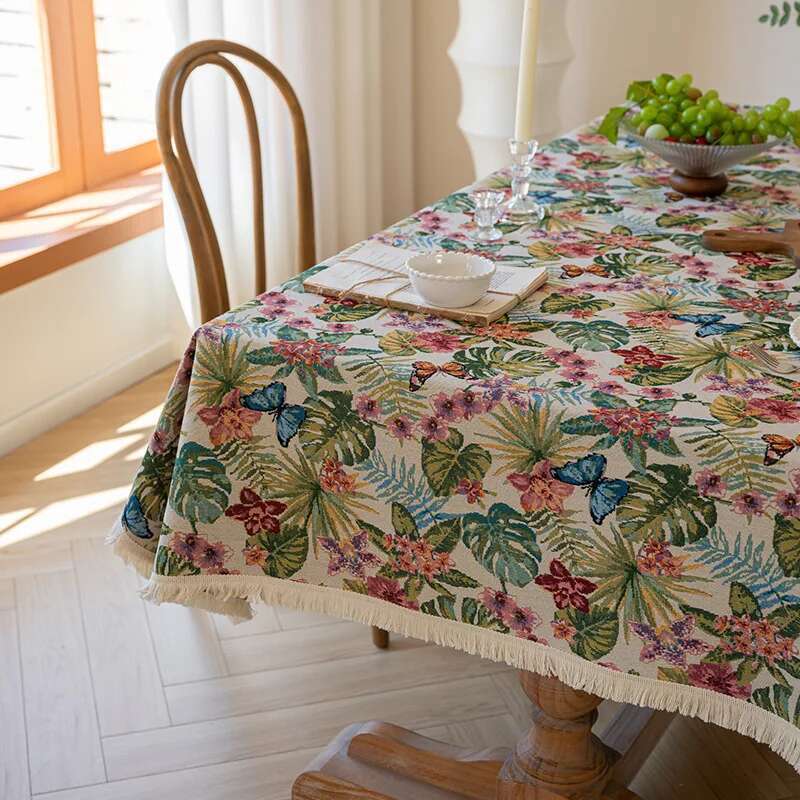 High End Home Floral Countryside Cotton Linen Fabric Tablecloth Rectangular Dining Table Cloth Decorative Cloth