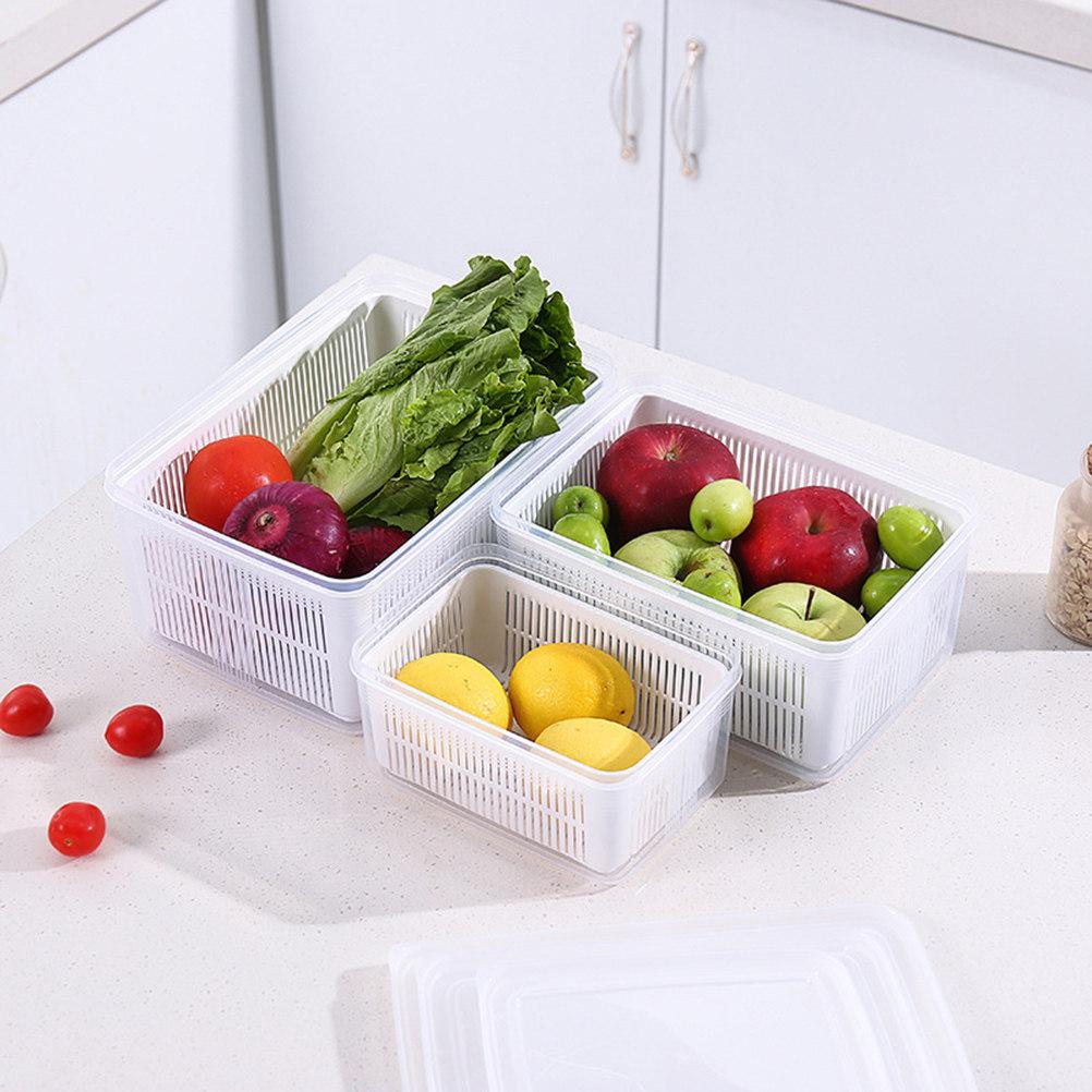 Kitchen Refrigerator Crisper Food Preservation Box 1.5L White Sealed Storage Container Transparent Drain Board Fruit Vegetable