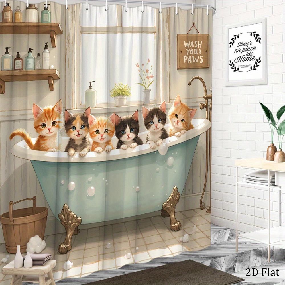 Cute Kitten Bathtub Scene Shower Curtain Machine Washable All Season Waterproof Privacy Protection Cartoon Design Kids 12 Hooks