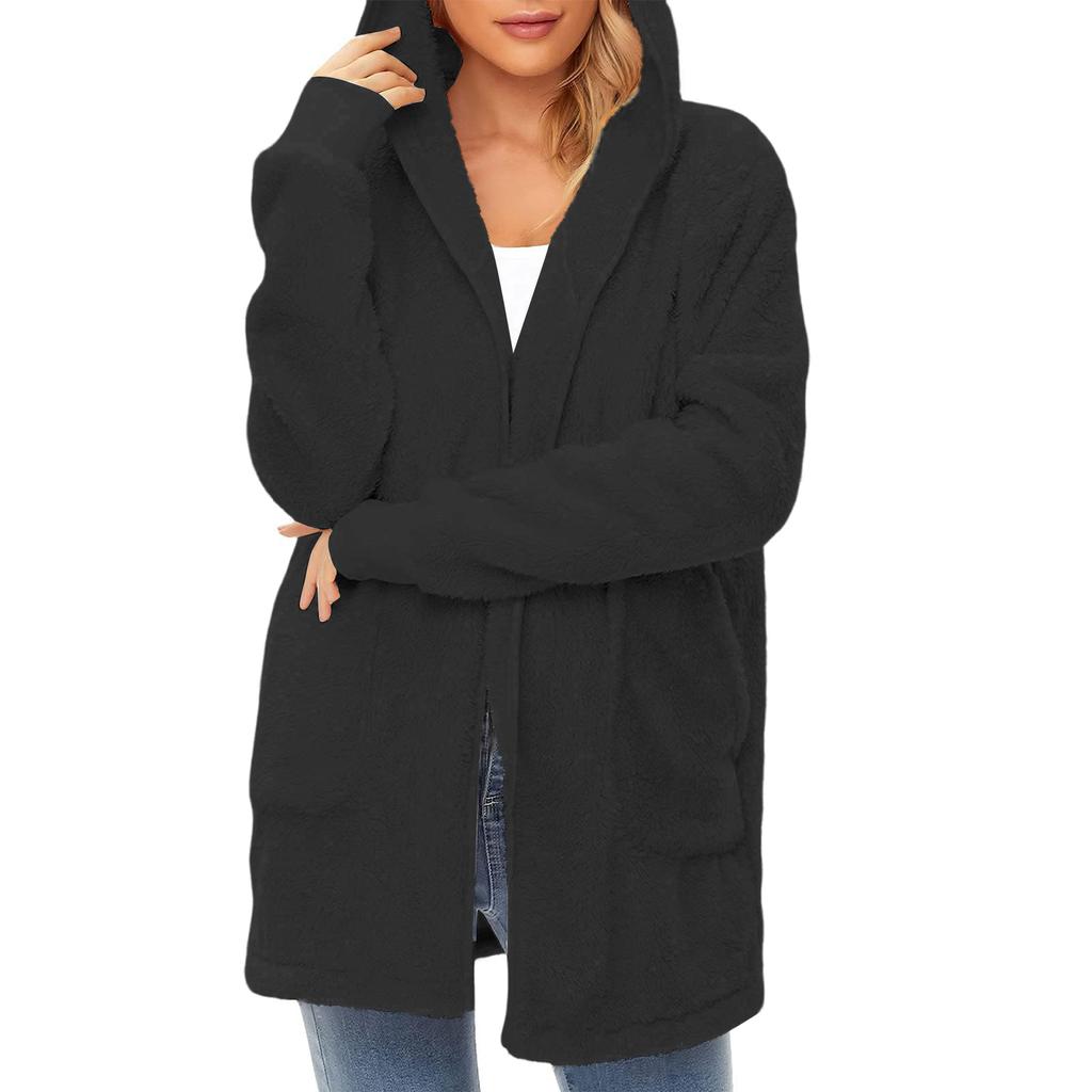 Women's Casual Fleece Lined Hooded Cardigan Solid Color Long Sleeved Coat
