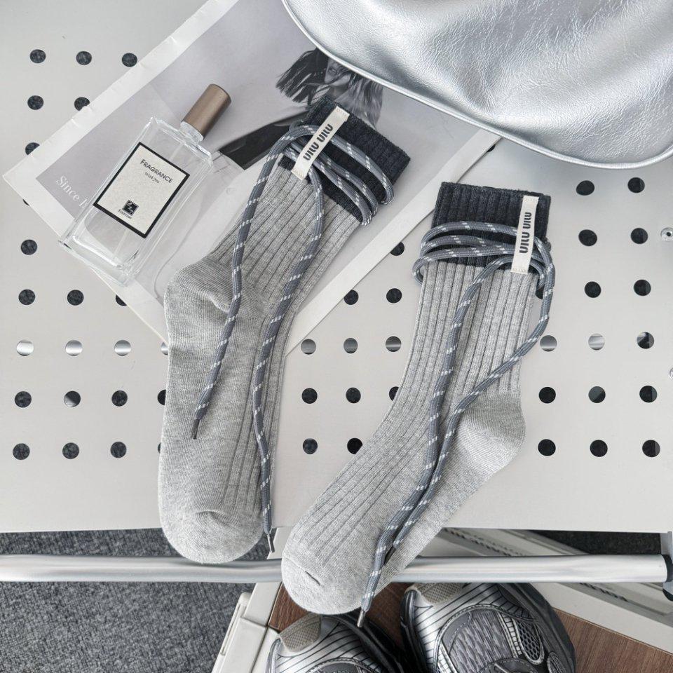 Autumn Lace-Up Mid-Calf Color Block Socks with Stylish Leather Shoes.