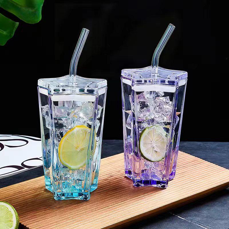 High-Value Five-Pointed Star Glass Cup: Portable Straw Student Drinkware for Coffee, Milk, Water