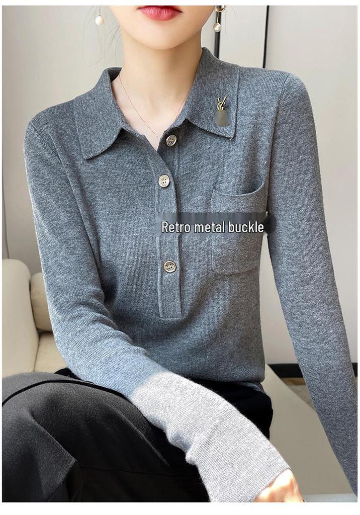 Women's Slimming Knit Wool Polo Collar Top with Pockets - Spring Style
