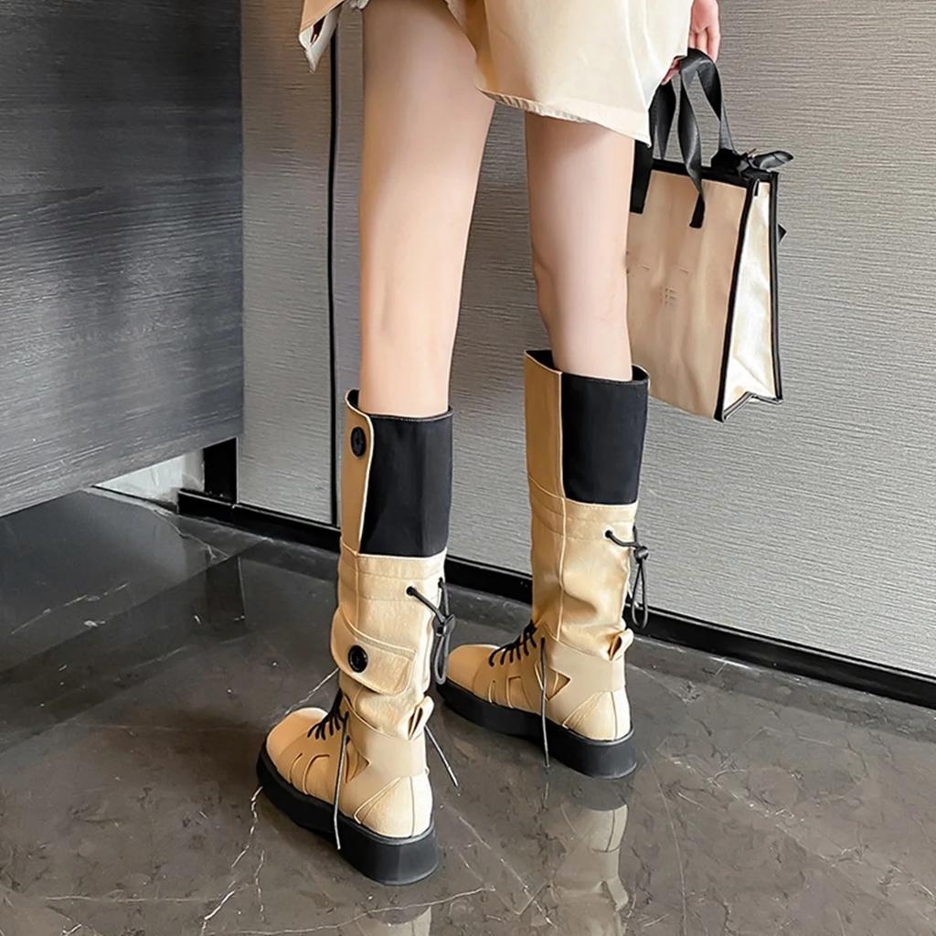Fashion 2025 Winter Fashion Women Boots Mixed Color Splicing Knee High Boots Rubber Platform Square Toe Lace Up Novelty Boots