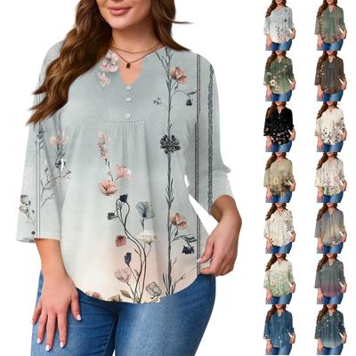 Women's Plus Size Fashionable Casual Loose Fit Three Quarter Sleeve Elegant Button Up V Neck Top