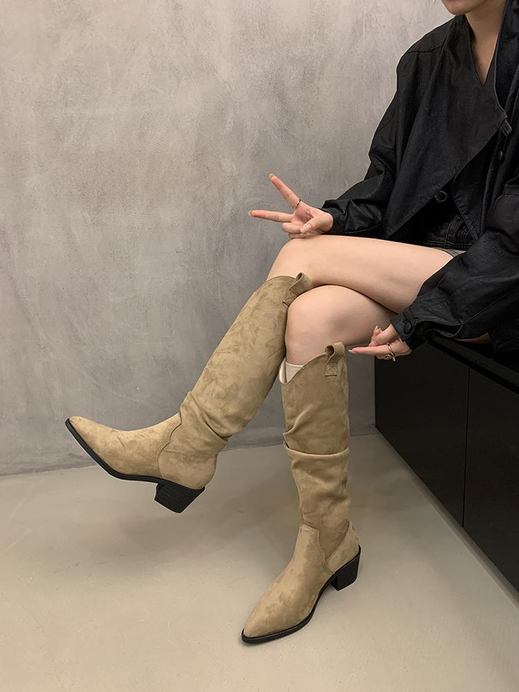 Pile boots women's knight boots retro suede thick heel pointed autumn and winter new khaki wrinkled high boots