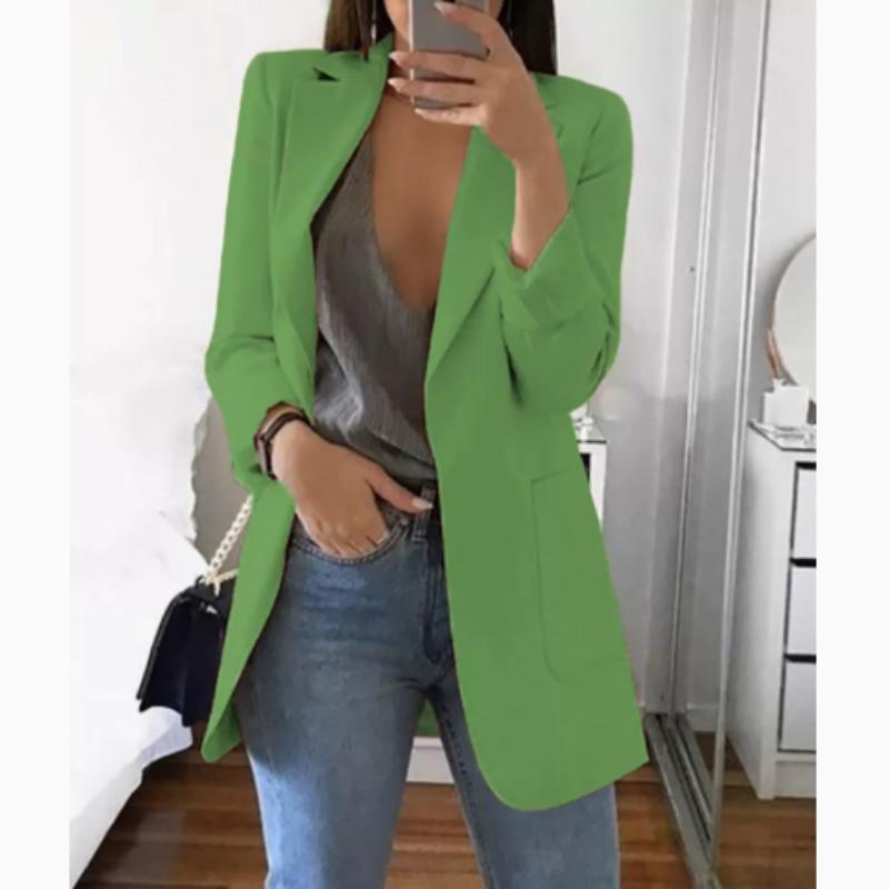 Women Solid Open Front Pockets Cardigan Formal Suit Long Sleeve Blouse Coat