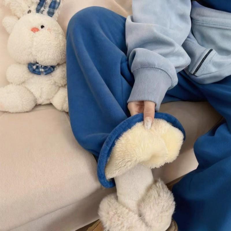 Women High Waist Blue Fleece Lined Wide Leg Casual Pants Thick Warm Loose Trousers