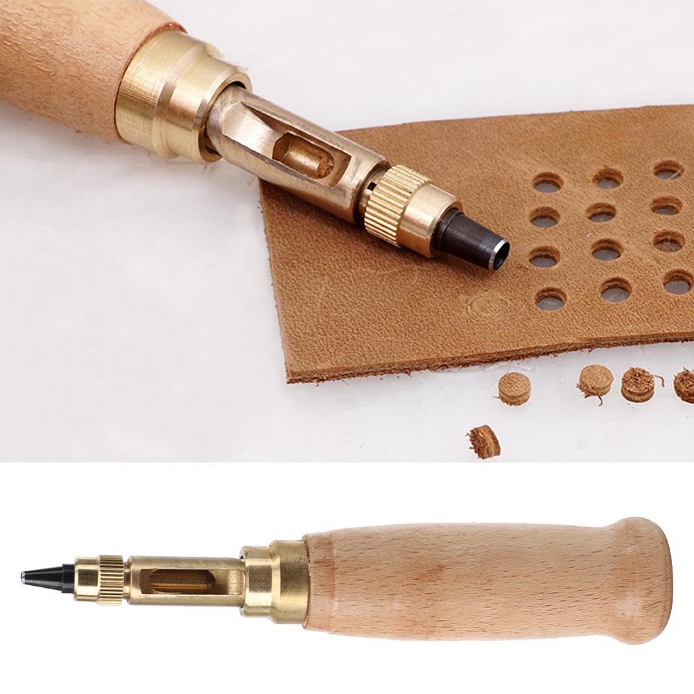 6Pcs Automatic Leather Hole Punch Wood Handle Replaceable Craft Rotating Punching Tool