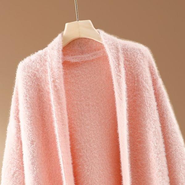 High-end Women's Mink Fleece Knitted Cardigan Autumn WinterThick Warm Plush Knitted Long Coat