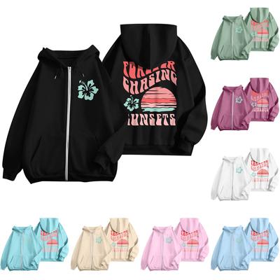 Kadın Fermuarlı Kapşonlu Üstler Genç Kızlar Çiçek Baskılı Sweatshirt Giyim Cepli Rahat Bağcıklı Ceket