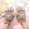 Cute Cartoon Knit Flip Top Gloves Women Warm Half Finger Thermal Winter Gloves Soft  Gloves for School Writing Cycling Use
