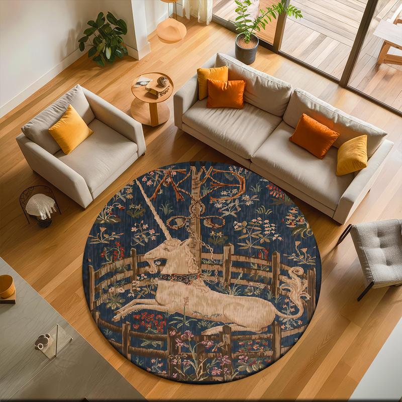 1pc Medieval Unicorn Hunting Round carpet Painted Printed circular carpet, home door mat, outdoor travel protection carpet