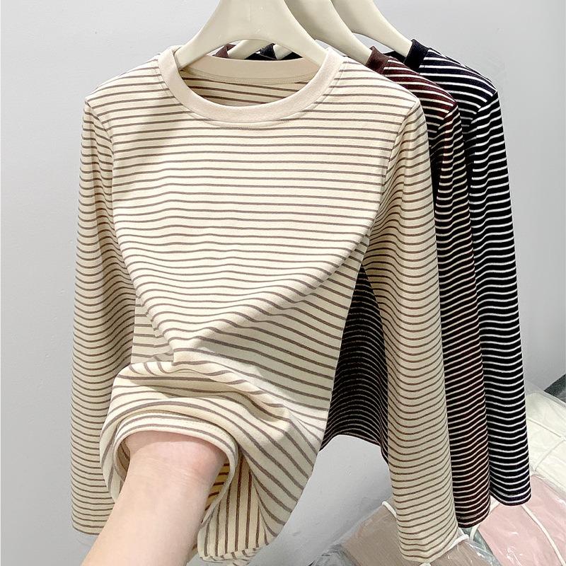 Women S Round Neck Striped Long Sleeve T Shirt Autumn Winter Base Layer Slim Fit Top