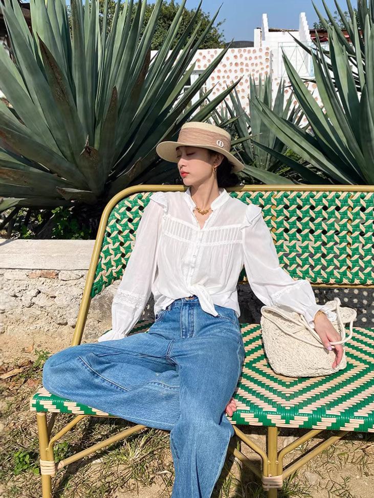 Spring New Arrival: Women's Long Sleeve White Cotton French Shirt - Southern France Holiday Style