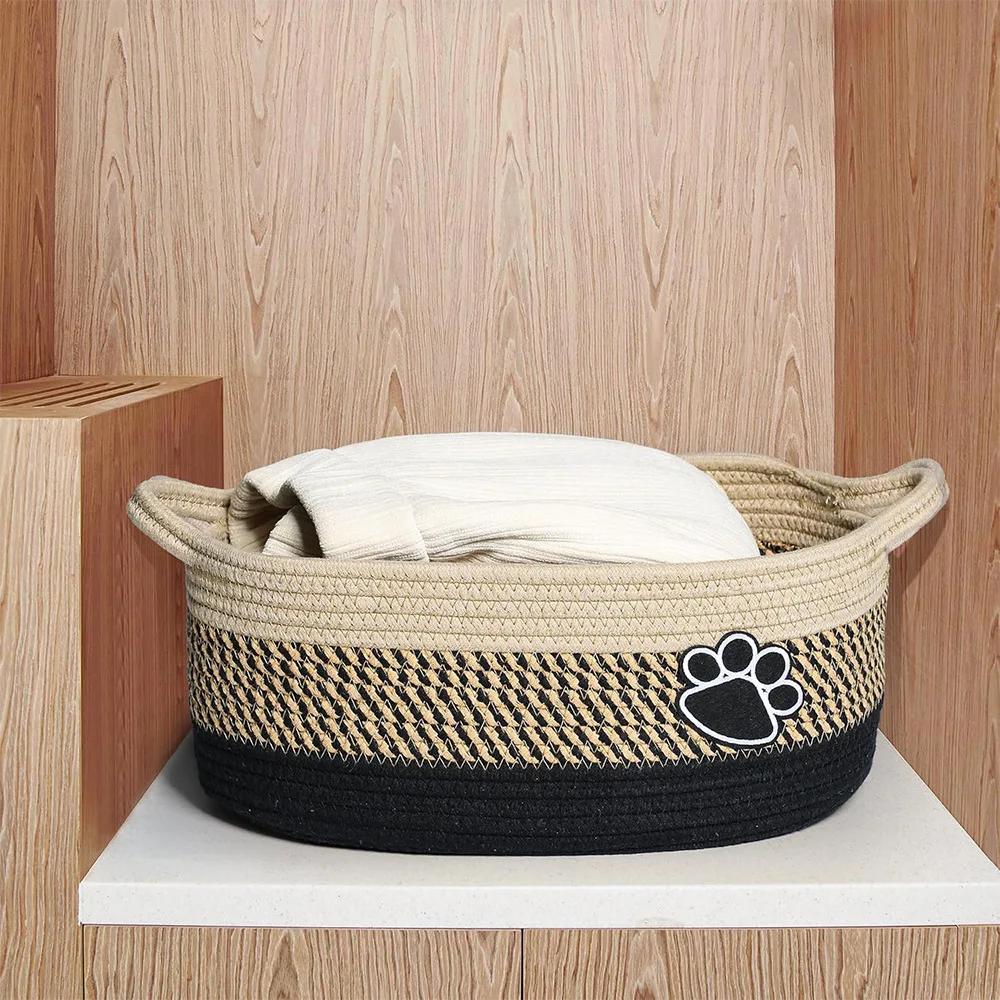 Pet Toy Storage Basket with Handle. Handmade Weaving with Dog Paw Prints. Can Also Store Children's Toys and Miscellaneous Items