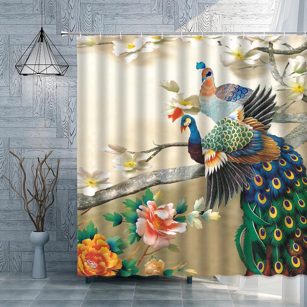 Peacocks Flower Shower Curtain Classical Oil Painting Scenery Peony Flower Birds Bathroom Curtain Bathroom Accessories Set Hooks