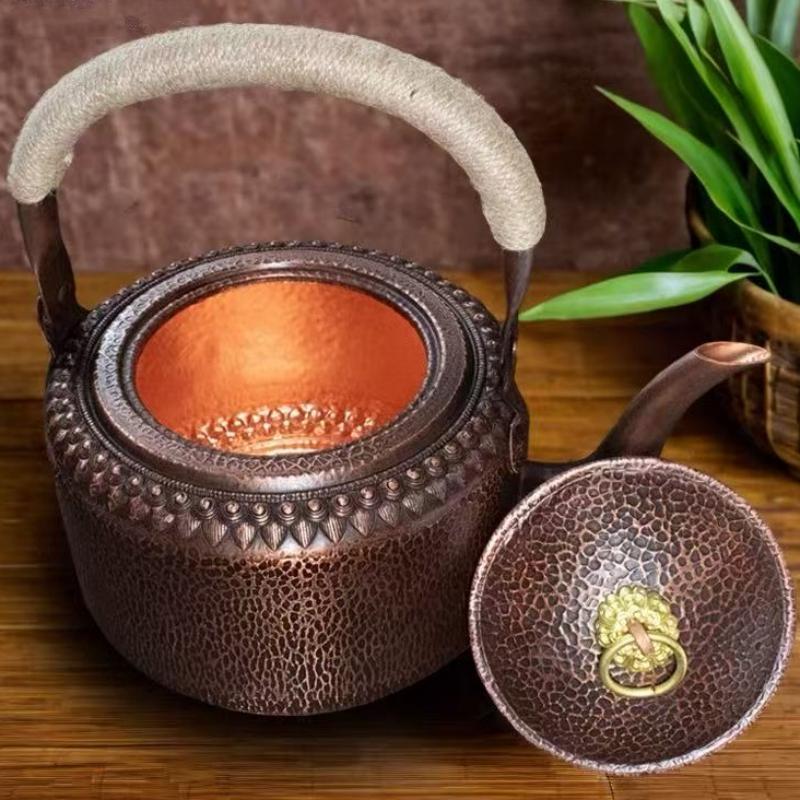 Vintage Copper Coffee Pot,Handheld Hammer Texture Weave 5 Liters With Lid Heat Resistant Filter Water Kettle,Handcrafted Teapot