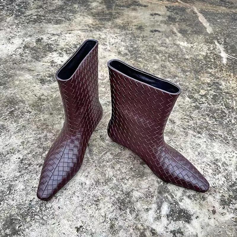 Cowhide Version~ Autumn and Winter New Square Head Woven Loose Sleeve Wedge Short Boots Women's Versatile High-end Medium Boots