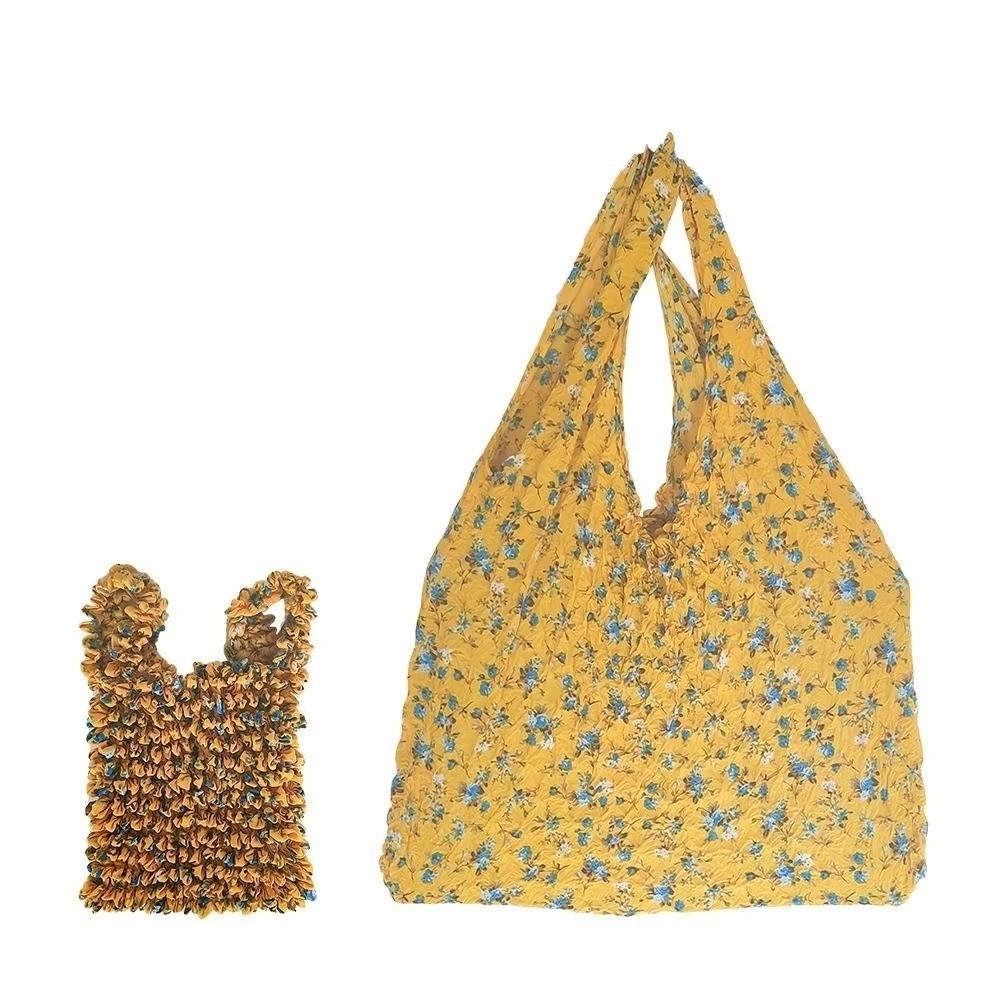 Portable Floral Pattern Bubble Bag Foldable Handheld Tote Bag Expandable Machine Washable Handbag for Travel