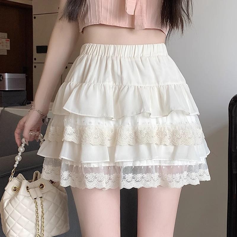 2026 Spring Women's High-Waisted Mesh Lace Trim Short Skirt with Anti-Exposure Design