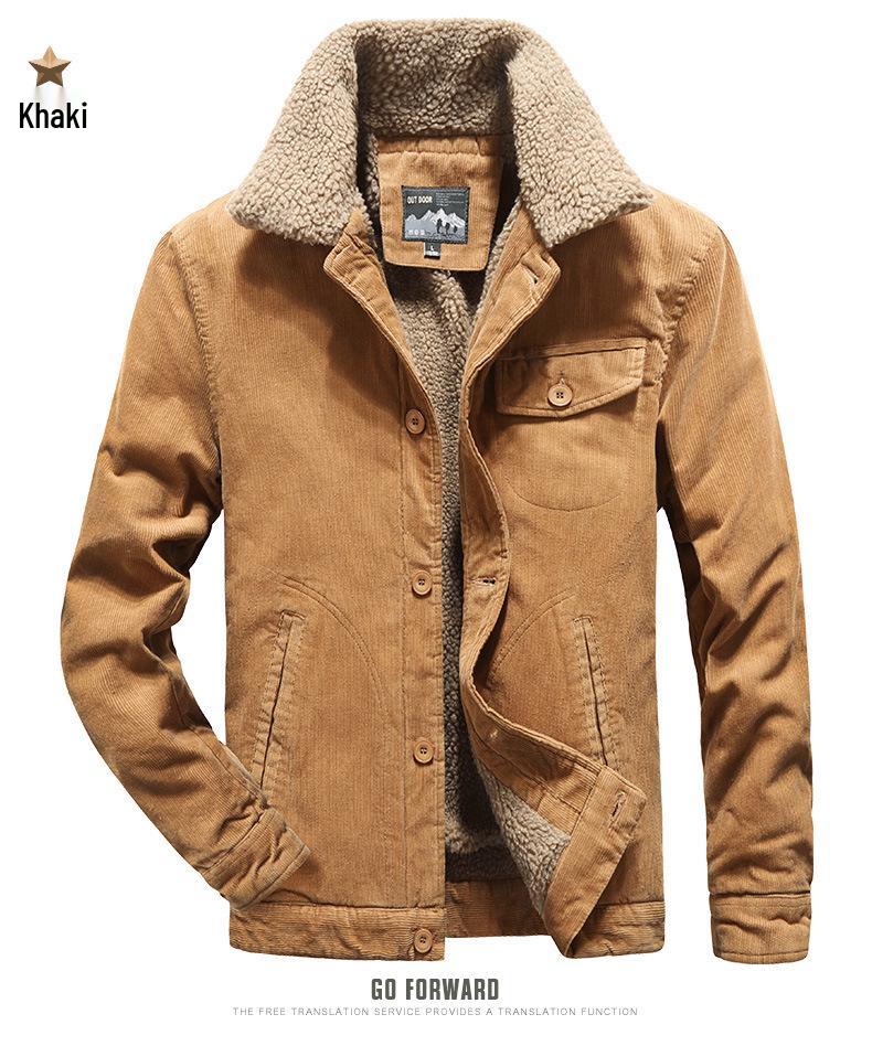 Men's Warm Corduroy Workwear Jacket, Plus Velvet Thickened, Winter Dad's Coat
