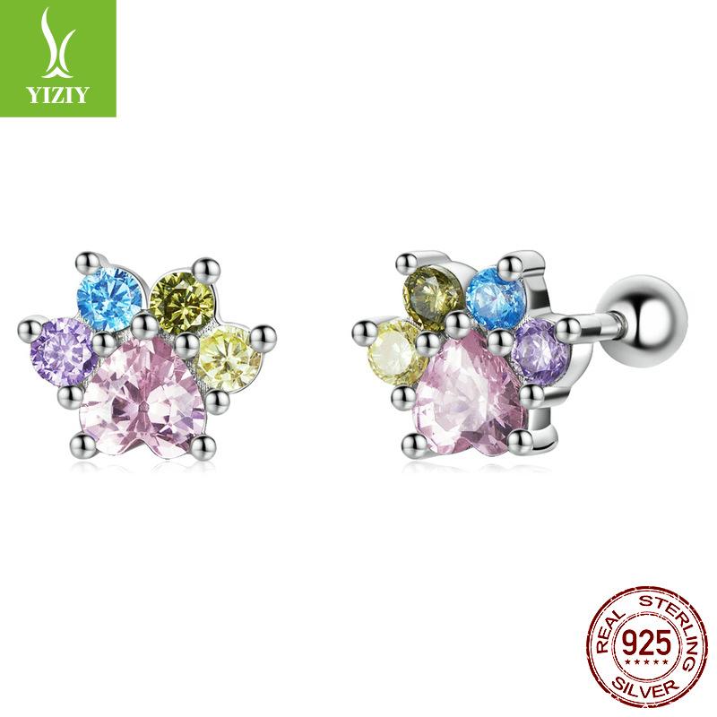 

Color Zirconium Cute Paw Print Stud Earrings Sterling Silver Wind Niche High-End Earrings Sce1334 925 silver