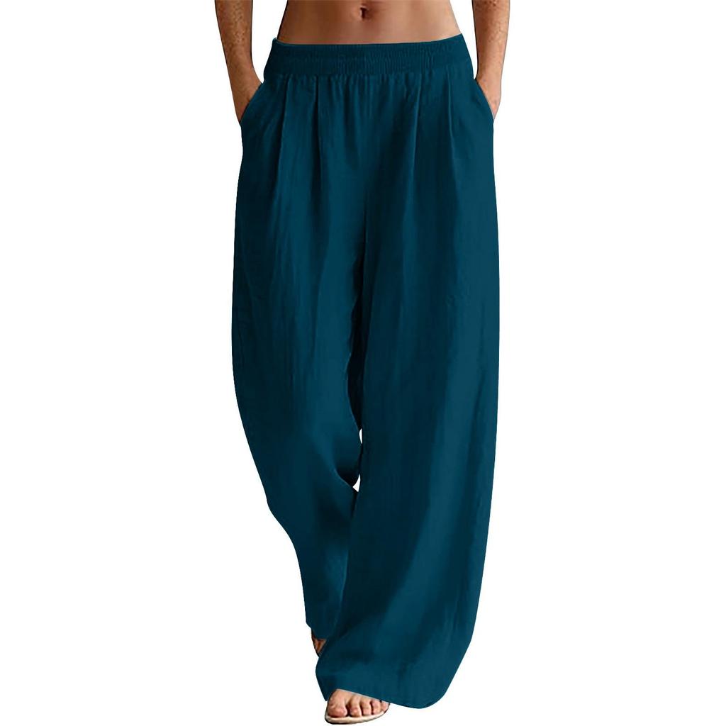 Women's Flowy Linen Wide-Leg Pants - Summer Beach Travel Wear with Elastic Waist & Pockets