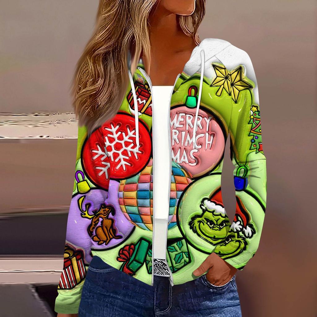 Women's Fashion Christmas Print Casual Zip-Up Long-Sleeved Hooded Jacket