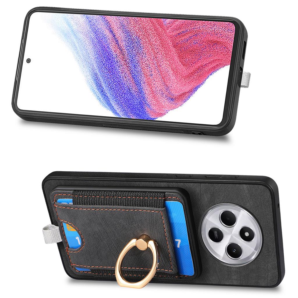 Magnetic Phone Case For Xiaomi Redmi 14C 4G/14R 5G/Poco C75 4G PU Leather Back Cover with Card Holder Ring Kickstand