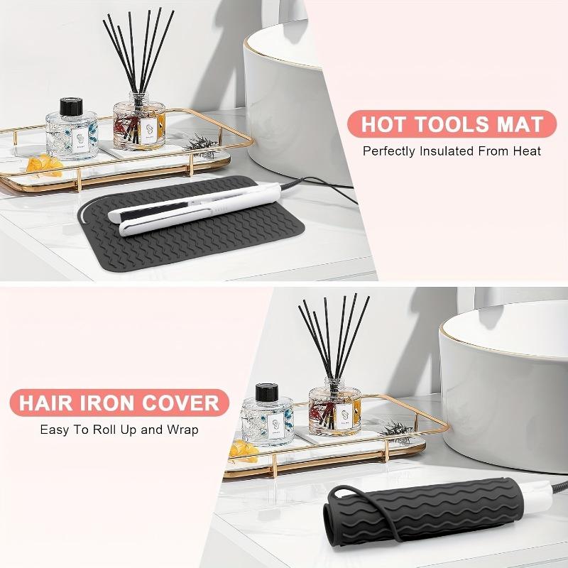 Tapis de voyage 2-en-1 en silicone résistant à la chaleur et sac de rangement protecteur antidérapant pour fers à boucler, pinces plates - Organisateur portable d'outils de coiffure