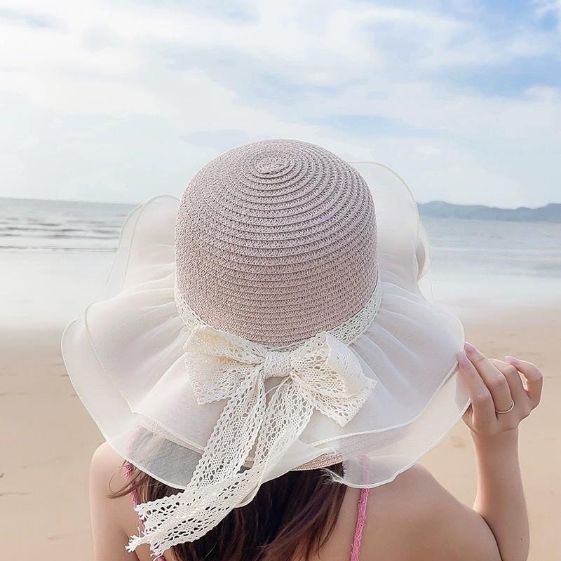 

Summer Straw Hat Female Sunshade Wide Brim With Butterfly Knot For Travel рожевий