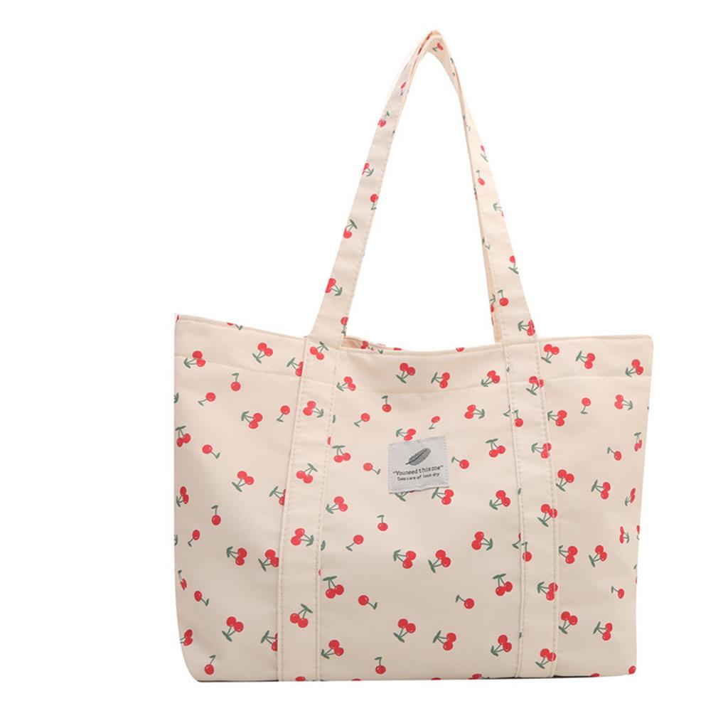 Cute Cherry Print Casual Tote Bags for Women Large Capacity Shopping Bag Nylon Aesthetic Handbag Grocery Storage Pouch
