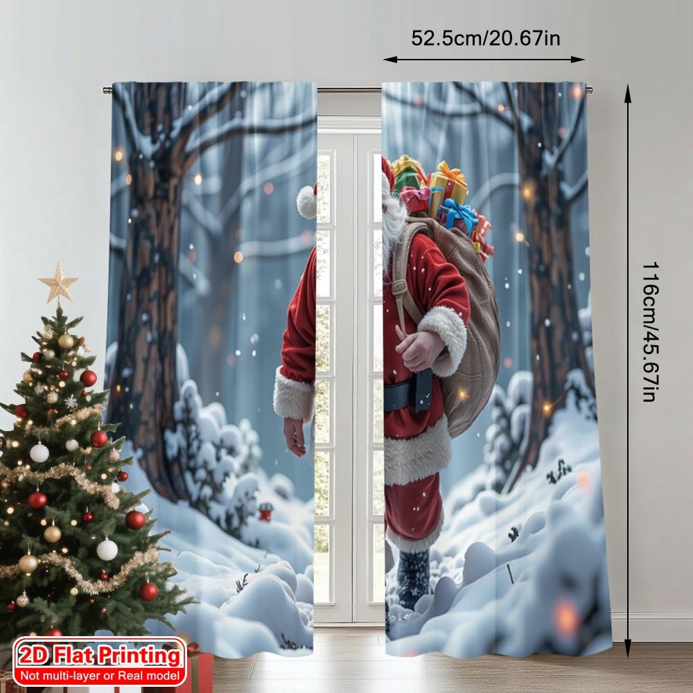 2pcs 2D Flat Printing Merry Christmas Window Drapes Santa Christmas Gifts Snowy Woods 100% Polyester Fabric Without Electricity