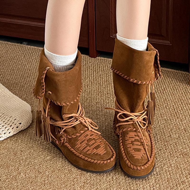 

Fashion Bohemia Tassel Stitching Decoration Riding Boots Women Autumn Soft Wedge Heel Western Cowboy Boots Sexy Suede Wandering Shoes 40 коричневый